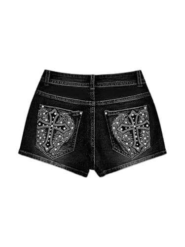WDIRARA Women's Cross Embroidery Rhinestone Denim Shorts Y2k Grunge Punk Jean Shorts