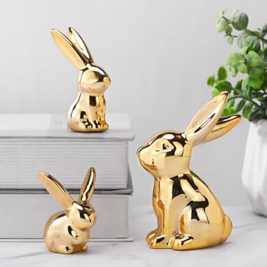 Wesiti 3 Pcs Easter Decoration Golden Bunny Figurines Set 4.5'', 3'', 2.36 Ceramic Easter Rabbit Statue Vintage Bunny Figurine Gift for Family Home Office Table Decor Spring Party Supplies (L, M, S)