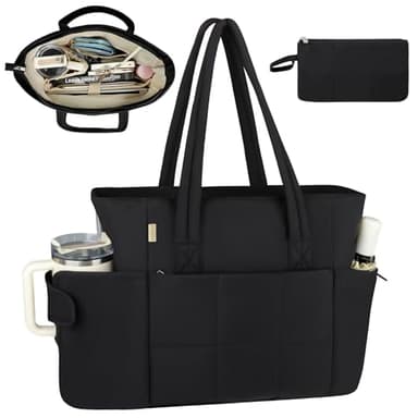 Sambois Puffer Tote Bag with Large Cup Holder& 15.6 Inch Laptop Compartment, Lightweight Puffy Work Bag with Water Bottle Pocket, Large Laptop Tote with Clutch Purse for Women Teacher Nurse (Black)