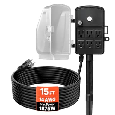 VEVOR Outdoor Power Stake, 15 FT Extension Cord, Outdoor Power Strip Weatherproof with Cover and Overload Protection, 6 Outlets, 15A/1875W, Waterproof Multi-Outlet Yard Stake for Christmas Lights