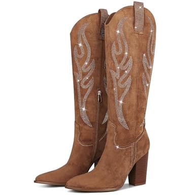 Celbreez Womens Cowboy Boots Rhinestone Embroidered Brown Cowgirl Boots Wide Calf Pointed Toe Side Zip Western Boots Suede Knee High Boots for Women Chunky Heel Tall Long