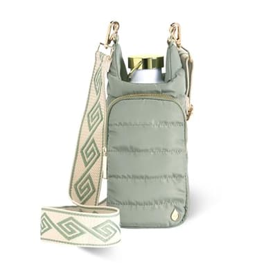 WanderFull® Original HydroBag®, Fits Up to 32 oz Water Bottle Holder with Strap, Hands-Free Crossbody, Water Bottle Carrier Bag with Phone Pocket - Sage Green w/Patterned Strap