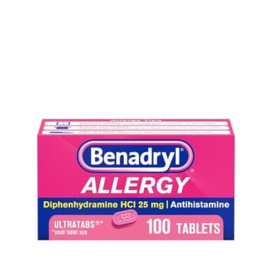 Benadryl Allergy Medicine for Adults and Children 6 Years and Older, Ultratablets, 25 mg Diphenhydramine HCl for Indoor and Outdoor Allergies, Antihistamine Tablets, 100 Count Size