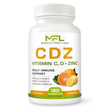 MUSCLE FOOD LABS | C D Z | Vitamin C, 1000mg | Vitamin D3, 125mcg | Zinc, 25mg | Non-GMO & Gluten Free | 120 Vegetarian Capsules | 120 Servings