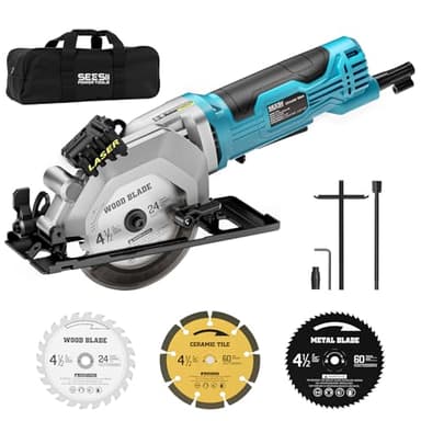 Seesii Mini Circular Saw with Laser Guide,4.8A 4000 RPM Compact Corded Circular Saw with Rip Guide,3 Blades (4-1/2") for Wood,Soft Metal,Tile,Plastic Cutting,Max Cut Depth 1-11/16"(90°),1-1/8" (45°)