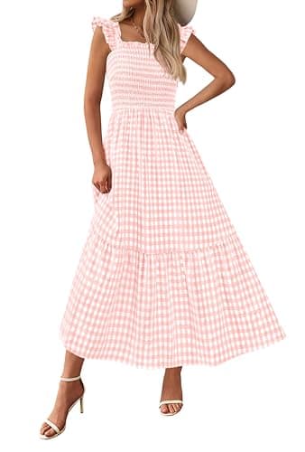 PRETTYGARDEN Women's Summer Dress Casual Square Neck Ruffle Strap Gingham Smocked Midi Flowy A Line Beach Vacation Sun Dresses 2026 (Pink, L)