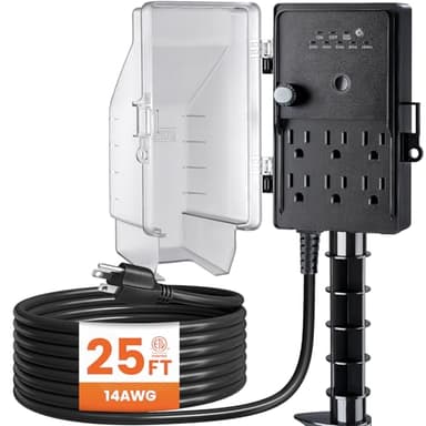 SURAIELEC Outdoor Power Stake, Dusk to Dawn Light Timer, 25FT Extension Cord Multiple Outlet, 6 Electrical Outlets Power Strip Weatherproof for Patio Light, Garden, Christmas Decoration, Outdoor Light