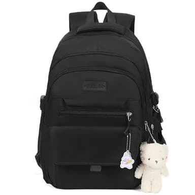 PRLINJSK Girls Backpack for College High Middle School Student, Cute Aesthetic Bookbag for Teens Women with Accessories,Black