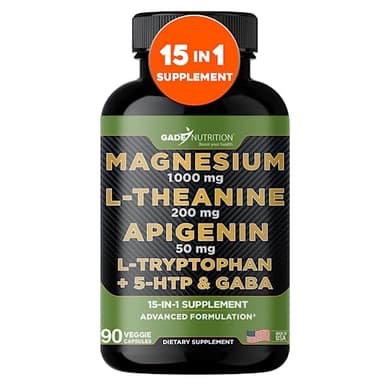 Gade Nutrition Magnesium Glycinate Complex L Theanine 200 mg Sleep Aid Apigenin, GABA, 5 HTP | Brain Supplements for Memory and Focus Ashwagandha Chamomile | Made in USA | 90 Capsules