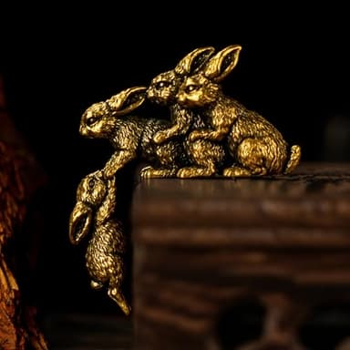 CHOVY Solid Brass Rabbit Figurine Set - Four Retro Rabbits 100% Pure Brass, Handmade Vintage Collectible, Mid-Century Modern Desk Decor for Office, Bookshelf, Mantel & Unique Easter Gift