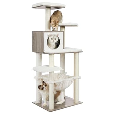 Feandrea Cat Tree, 56.3-Inch Modern Cat Tower, Multi-Level Plush Condo with Scratching Posts, Hammock, Washable Cushion, Heather Greige UPCT164G01