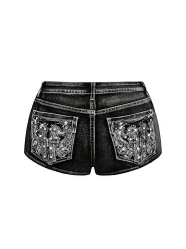 SOLY HUX Women's Y2k Sparkly Jeans Skinny Mini Denim Shorts Music Festival Rave Outfits Black Graphic Medium