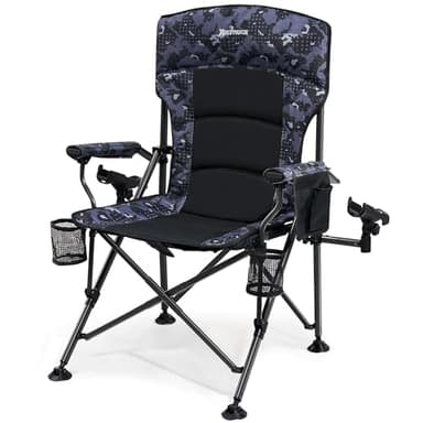 X Strike Oversized Folding Fishing Chair with Rod Holder Heavy Duty 350LBS, Feet Adjustable Padded Camping Chair with Cup Holder Side Pocket Hard Armrest