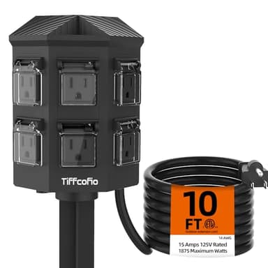 TiFFCOFiO Outdoor Power Strip with Stake Waterproof, 10 FT Extension Cord, 6 Grounded Outlets for Outdoor Lights, 14 AWG, 15A/1875W, ETL Listed (10 FT)