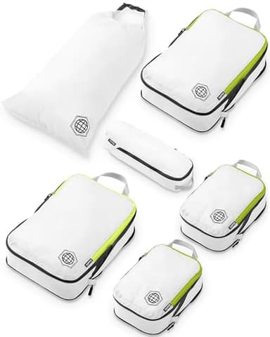 Compression Packing Cubes for Travel, 6-Piece Lightweight Packing Cubes Set for Carry-On Luggage & Backpacks – TRIPPED Travel Gear (White and Green)