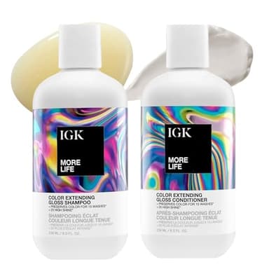 IGK MORE LIFE Color Extending Gloss Shampoo & Conditioner Set | Preserves Color + Enhances Shine | UV Protection | Vegan + Cruelty-Free | 8 oz (Pack of 2)