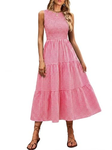 ANRABESS Women's Summer Casual Maxi Dress Sleeveless Crewneck Smocked 2026 Flowy Plaid Tiered Boho A Line Beach Long Sundress Red Plaid Small