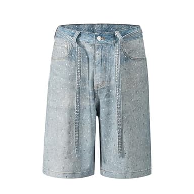 Mens Baggy Rhinestone Denim Jeans Shorts Y2k Oversized Vintage Loose Fit Wide Leg Streetwear Casual Blue