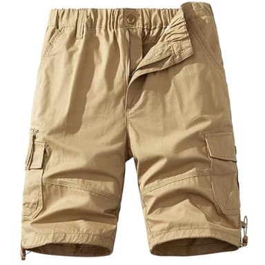 Mylldey Mens Cargo Shorts Elastic Waist Cotton Shorts Relaxed Fit Casual Summer Hiking Shorts with Multi Pockets (Khaki, XL)