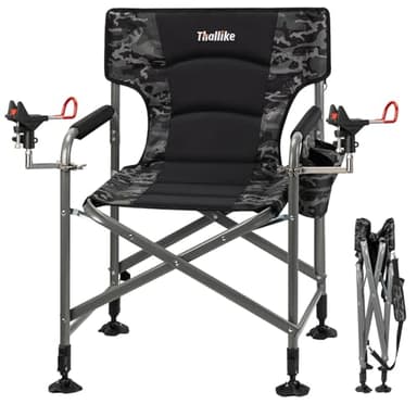 Thallike Padded Folding Fishing Chair with 2 Rod Holders for Adults Heavy Duty Adjustable Legs Outdoor Camping Chairs with Side Pocket Shoulder Strap Portable Ice Fishing Chair for Camp Lawn Patio