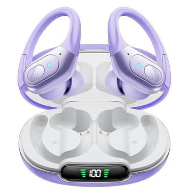 occiam Active Noise Cancelling Earbuds Wireless Bluetooth Headphones Ear Buds 90Hrs Playback Stereo Bass Earphones with Mic Over-Ear Hooks IPX7 Waterproof Headset for Work Sports (Purple)