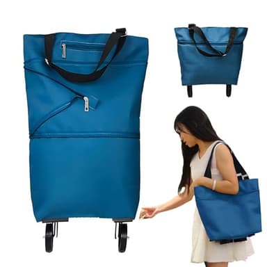 JIANWEI Collapsible Shopping Cart with 360° Swivel Wheels, Portable Folding Trolle-y Grocery Bag, Reusable Foldable Tote Grocery Cart Large Capacity Used for Travel and Home(Lake Blue)