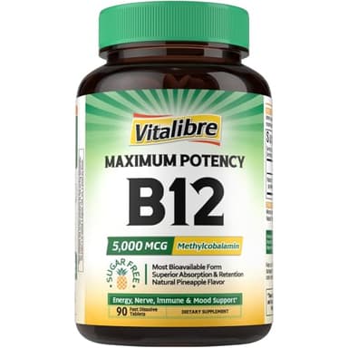 Vitalibre Vitamin B12 5000 mcg, Sublingual Methylcobalamin, 90 Fast Dissolve Tablets, Natural Pineapple Flavor, Nervous System Health, Energy Support, No Sugar