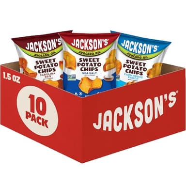 Jackson’s Sweet Potato Kettle Chips Avocado Oil Variety Pack made with Premium Oils (1.5 oz, Pack of 10) Sea Salt, Ranch and BBQ Flavors - Allergen-friendly, Gluten Free, Vegan