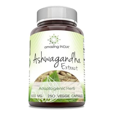 Amazing India Ashwagandha Extract 500 Mg Veggie Capsules Supplement | Non-GMO | Gluten Free (250 Count)