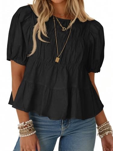 Tankaneo Womens Puff Sleeve Peplum Babydoll Tops Summer Flowy Pleated Cotton T-Shirts Casual Loose Fit Cute Blouse Black