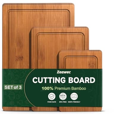 Zeawec 3-Piece Set Bamboo Cutting Board for Kitchen - Crack-Resistant Wood Chopping Boards with Deep Juice Grooves, Pre-Oiled Butcher Block for Meat, Vegetables & Cheese, Carbonized