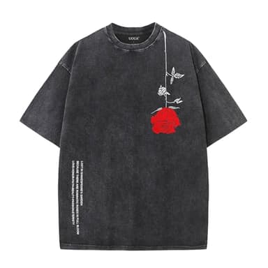 UOUA Mens Graphic Tees Vintage Oversized T-Shirts Casual Acid Wash Cotton Streetwear (S-2XL) Rose-Black