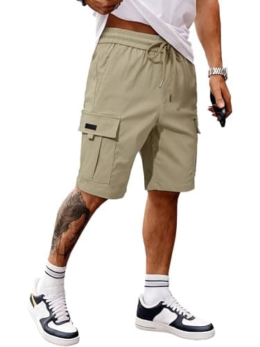 JMIERR Cargo Shorts for Men Casual Classic Twill Drawstring Elastic Waist Summer Essentials Work Shorts with Multi Pockets, L,Khaki