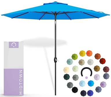 Midtown Umbrellas - 10-Year-No-Fade 9 Ft Patio Umbrella with Terylast Fabric, Auto-Tilt Aluminum Frame and 8 Reinforced Ribs for Deck, Pool, Garden & Beach - Cobalt Blue Canopy, Black Pole