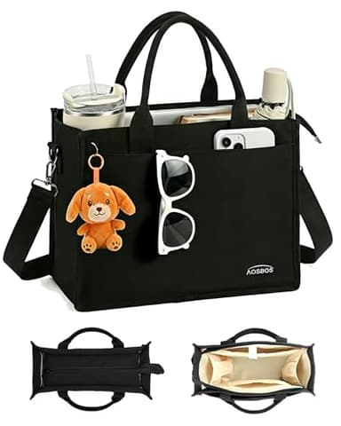 Aosbos Large Canvas Tote Bag For Women With Zipper -Large Everyday Purse With Water Bottle Pocket And Compartments-14in Laptop Bags For Work,Gym,Beach,Travel,Black