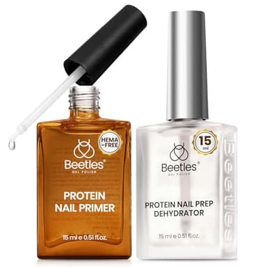Beetles 15ml Protein Nail Prep Dehydrator and Primer nail Set - 2PCS Hema-Free & Acid Free Nail Bond Protein Prep Kit for Gel Nail Polish Acrylic Nail Supplies