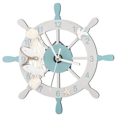 Liliaafar Coastal Beach Wall Clock 10 Inch Wooden Nautical Beach Boat Ship Steering Wheel Wall Clock Battery Operated Shell Fish Nautical Decorations for Home Kitchen Living Room Office Bedroom