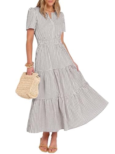 Caracilia Women's Summer Short Sleeve V-Neck Maxi Dress, Gingham & Striped Fabric, Casual A-Line Dress for Beach & Vacation Gray Brown Gingham Large