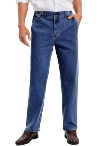 voeeron Mens Elastic Waist Jeans Relaxed Fit Men's Jeans with Elastic Waist with Zipper and Button, Medium Washed, 38W x 28L
