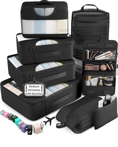 Veken 10 Set/8 Set Packing Cubes for Travel Essentials,Anti-Wrinkle Buckled Suitcase Organizer for Shoe & Toiletry Bag,Carry On Luggage Bag for Airplane & College Dorm Room Accessories,Women Men Gifts