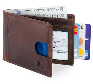 SERMAN BRANDS RFID Blocking Slim Bifold Genuine Leather Thin Minimalist Front Pocket Wallets for Men Billfold Wallet Men Gift (Texas Brown 2.0)