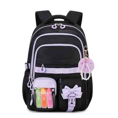 QIXIHU Girls Backpack, 17-Inch Bookbag for Middle & Elementary School, Kawaii Kids Backpack for Girls Ages 6-12(Black Purple)