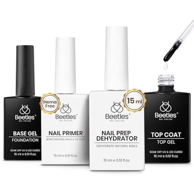 Beetles 4 Pcs 15ml Gel Top Coat and Base Coat Set with Nail Dehydrator and Primer Professional Nail Prep Acid-Free & Hema-Free Dehydrate Bond Primer Set for Acrylic & Gel Nail Polish Nail Gifts