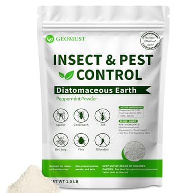 Geomust Diatomaceous Earth Insect & Pest Control, Crawling Insect Killer with Peppermint, Safe for Home & Garden, Ants, Roaches, Fleas, Bed Bugs, Silverfish & More, 1 lb