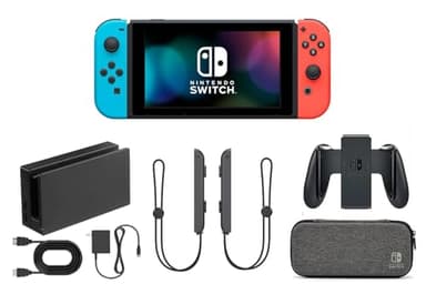Nintendo Switch Console Bundle – Neon Blue & Red Joy-Cons, Dock, Controller Grip, Carrying Case, Cables & Accessories (Renewed)