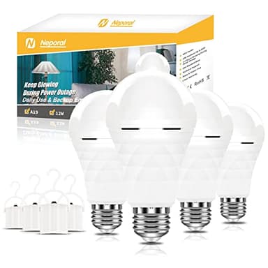 Neporal A19 Rechargeable Light Bulbs Emergency Light Bulb for Power Outages, Led Bulb 60 Watt Equiv., Self-Charging Light Bulb 1200mAh Battery Backup Light Bulbs for Daily, Emergency Use (Daylight)