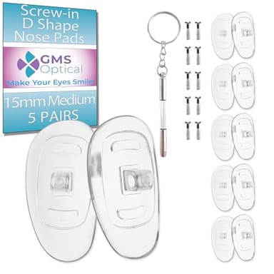 GMS Optical Screw-in Silicone Nose Pads for Glasses | 15mm Medium, 7.4mm Width | Non Slip Nose Grips for Sunglasses and Eyewear, Anti Slip Eyeglass Accessories w/Screws & Screwdriver (5 Pairs)