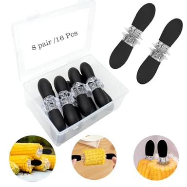 PEOUWNES 16Pcs/8 Pairs Black Corn Holders - Stainless Steel Corn Cob Holders, Interlocking Design Skewers for Home Cooking BBQ Parties Camping