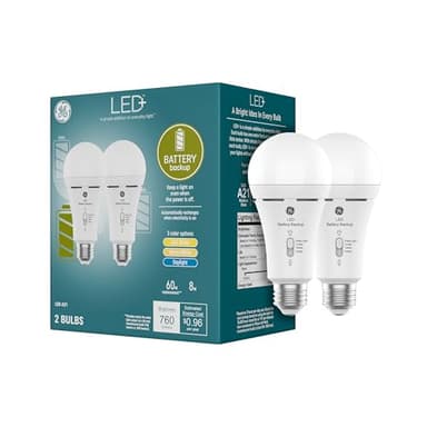 GE LED+ Backup Battery LED Light Bulbs, A21 Rechargeable Light Bulbs for Power Outages and Emergencies, Flashlight, 3 Color Temperatures (2 Pack)