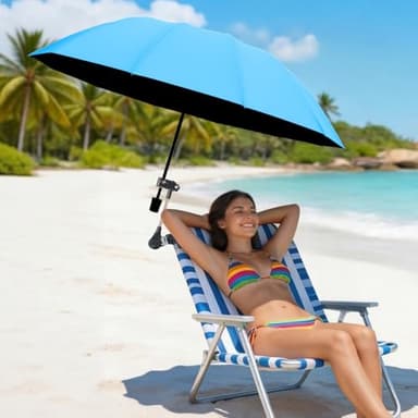 Beach Chair Umbrella with Clamp 360° Adjustable Clip On Umbrella for Camping Chair UPF 50+ UV Protection Sun Shade Portable Stroller Umbrellas for Travel, Wheelchair, Boat, Patio, Golf Cart (Sky blue)
